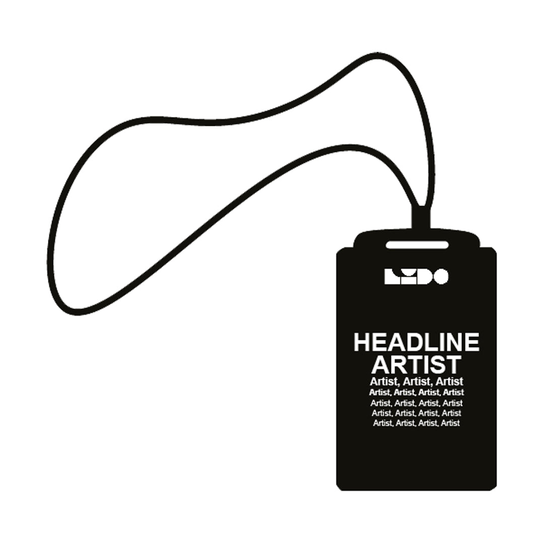 Black and white illustration of the PRE-ORDER: 2025 Massive Attack programme and lanyard pack from Lido Festival Store, labeled HEADLINE ARTIST with repeated Artist text. Great for your event collection or merch display; features a top area for text or logo.