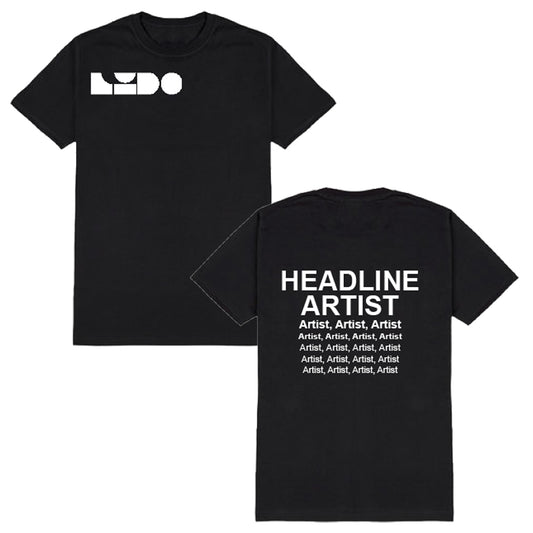 The PRE-ORDER: 2025 Massive Attack event t-shirt from Lido Festival Store features a black design with a white LUDO logo on the front left chest and bold HEADLINE ARTIST plus artists listed in white on the back—ideal for fans.
