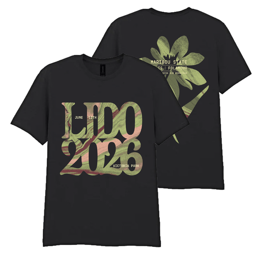 Celebrate the unforgettable 2026 event with the official PRE-ORDER 2026 Maribou State Event T-Shirt Mon 31st August 2026 from Lido Festival Store. This black t-shirt features a front print with “LIDO 2026” in a leafy pattern and event details, while the back showcases a large abstract green leaf design alongside concert information for Maribou State at Victoria Park—making it the perfect piece of Maribou State merchandise to remember the occasion.