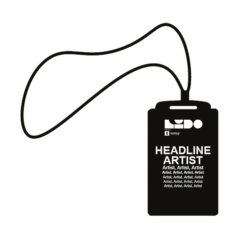 Black and white illustration of the PRE-ORDER 2026 Event CMAT T-Shirt Fri 12 June Programme Lanyard from Lido Festival Store—badge reads “HEADLINE ARTIST” with repeated “Artist” text and logos, perfect to pair with your CMAT T-Shirt.