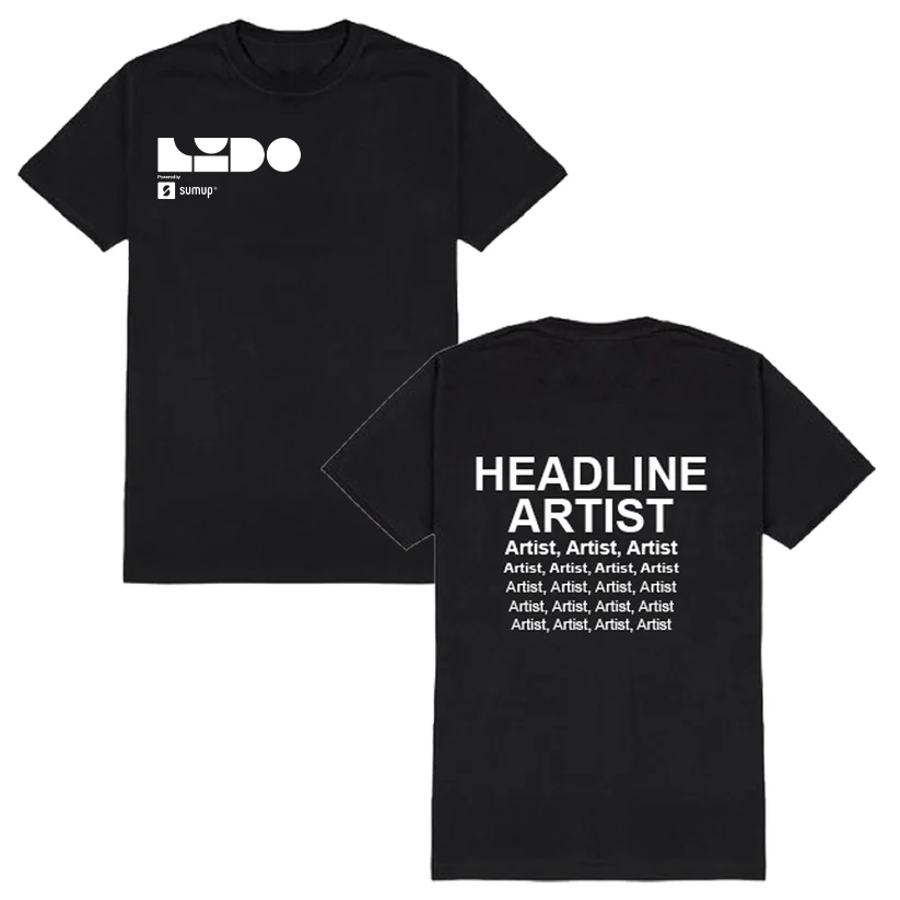 PRE-ORDER the 2026 Maribou State Event T-Shirt from Lido Festival Store—black tee with LYDO logo, social icons on front, and HEADLINE ARTIST plus Artist list on back. Essential for any 2026 event collection. Available Sat 20th June 2026!.