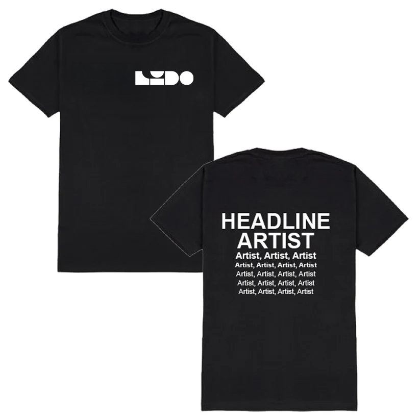 PRE-ORDER the official 2026 Maribou State Event T-Shirt from Lido Festival Store. Black tee with white “LUDO” logo on front chest, bold “HEADLINE ARTIST” and multiple “Artist” lines on back. Perfect for fans attending Mon 31st August 2026!.