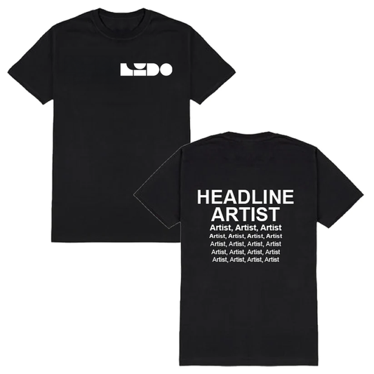 PRE-ORDER the official 2026 Maribou State Event T-Shirt from Lido Festival Store. Black tee with white “LUDO” logo on front chest, bold “HEADLINE ARTIST” and multiple “Artist” lines on back. Perfect for fans attending Mon 31st August 2026!.